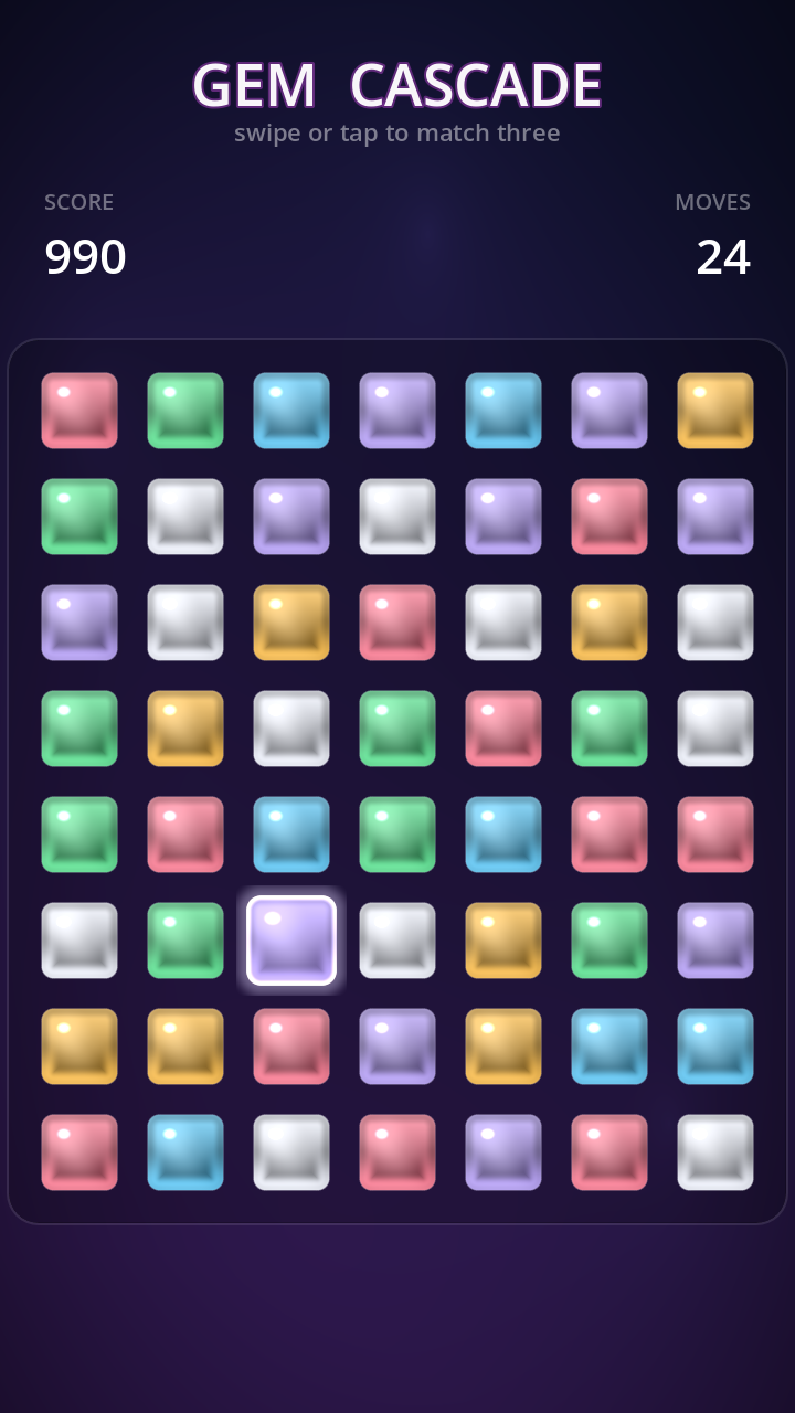 Gem Cascade in motion — a 7×8 board of glossy jewels mid-cascade.